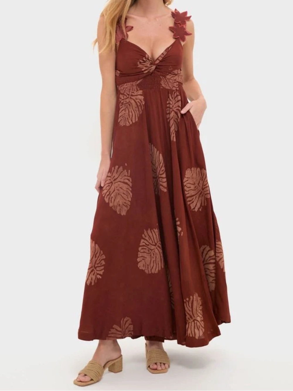 Tuckernuck Elisa Mama 3D appliqué flower detail rust brown maxi dress size small